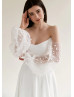 Strapless Ivory Satin Wedding Dress With Detachable Lace Sleeves